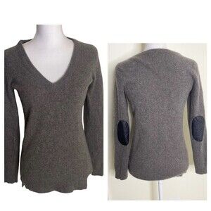 AQUA Brown Knit Cashmere Sweater Leather Elbow Patch V Neck Women Medium Brown
